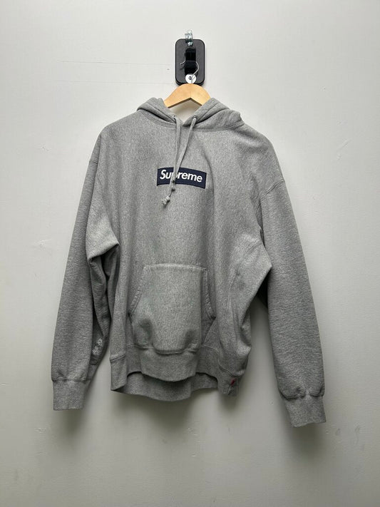 Preowned Supreme Heather Grey Navy Bogo Hoodie sz.L