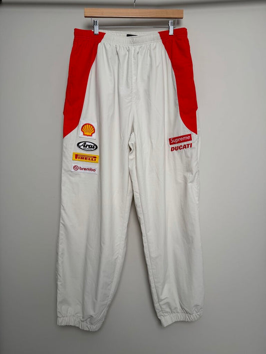 Preowned Supreme White Red Ducati Nylon Track Pant Jogger size L