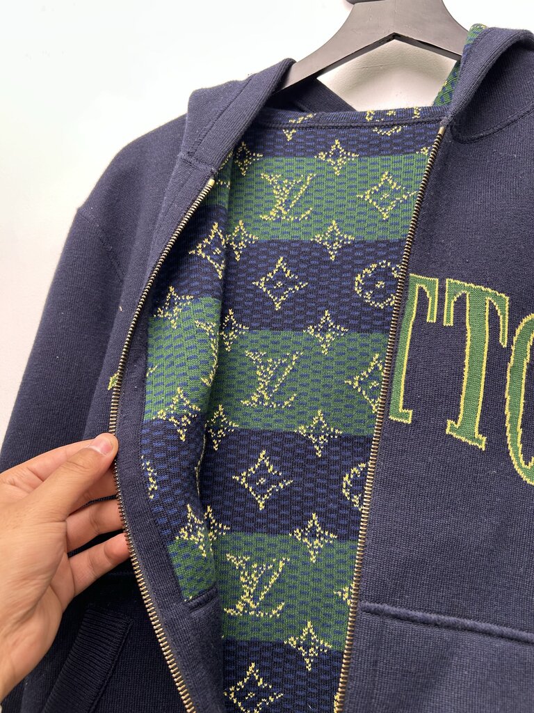 Preowned Louis Vuitton Reversible Navy Green Yellow Monogram Zip Hoodie sz.S