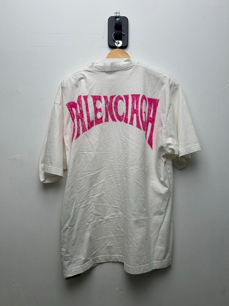 Preowned Balenciaga Pink Graffiti White Oversized Tee sz.M