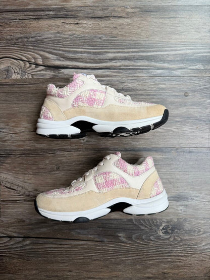Preowned Chanel White Cream Pink Tweed Runners size 36