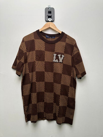 Preowned Louis Vuitton Brown Damier LV Rhinestone Tee Sz.Medium