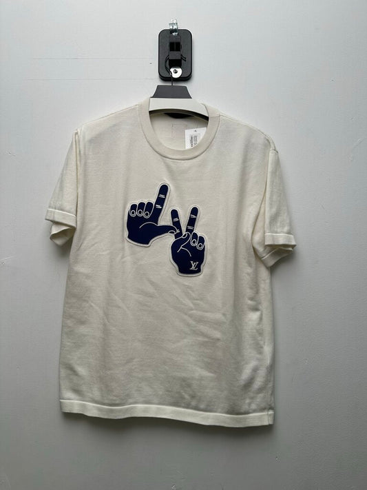 Preowned Louis Vuitton 2026 Blue Peace Sign White Cashmere Tee sz.S