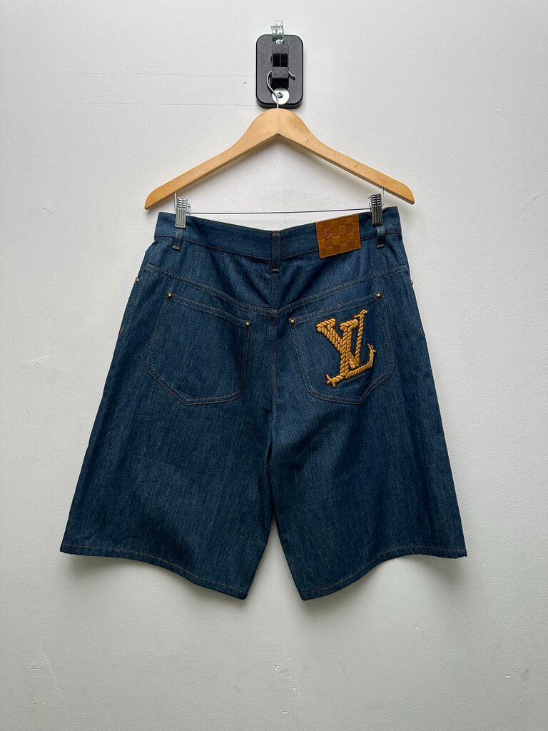 New Louis Vuitton Chambray Western Logo Blue Denim Shorts Sz.34