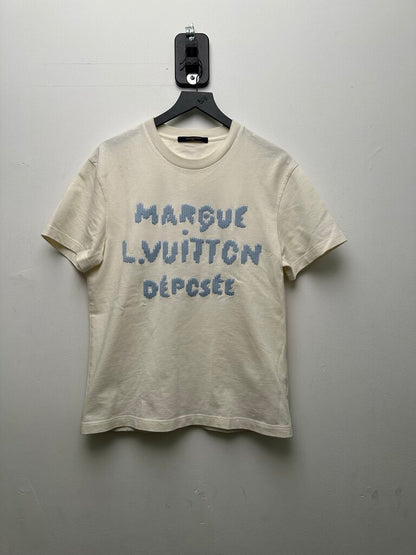 Preowned Louis Vuitton Marque Blue Embroidered Logo White Tee sz.S
