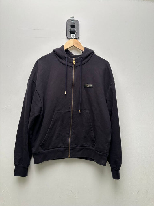 Preowned Louis Vuitton Leather Patch Navy Zip Up Hoodie Sz. Small