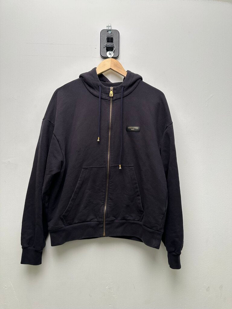 Preowned Louis Vuitton Leather Patch Navy Zip Up Hoodie Sz. Small