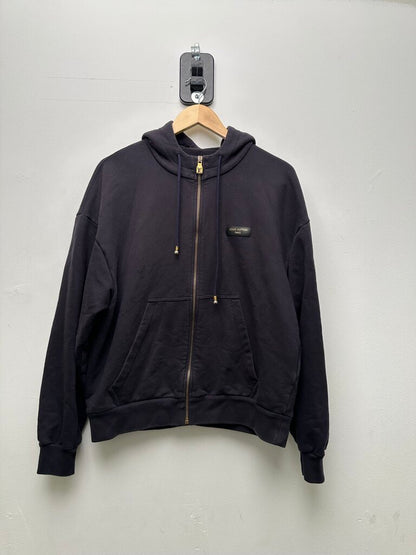 Preowned Louis Vuitton Leather Patch Navy Zip Up Hoodie Sz. Small