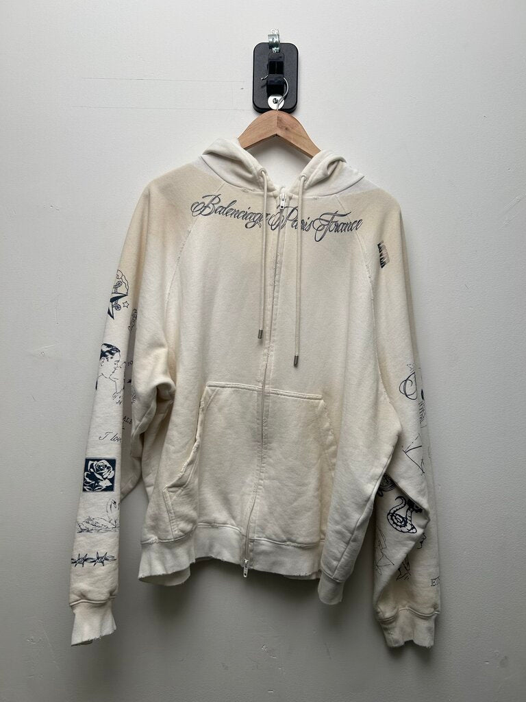 Preowned Balenciaga White Tattoo Print Zip Up Hoodie Sz.Small