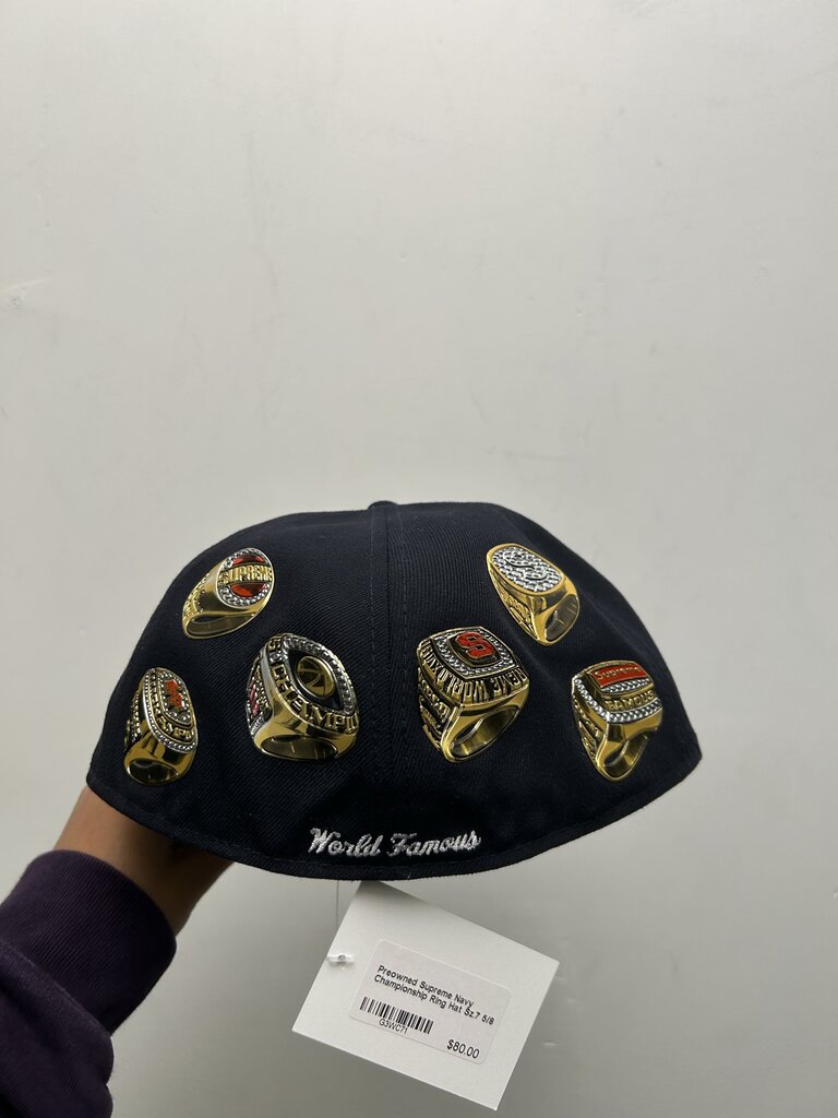 Preowned Supreme Navy Championship Ring Hat Sz.7 5/8