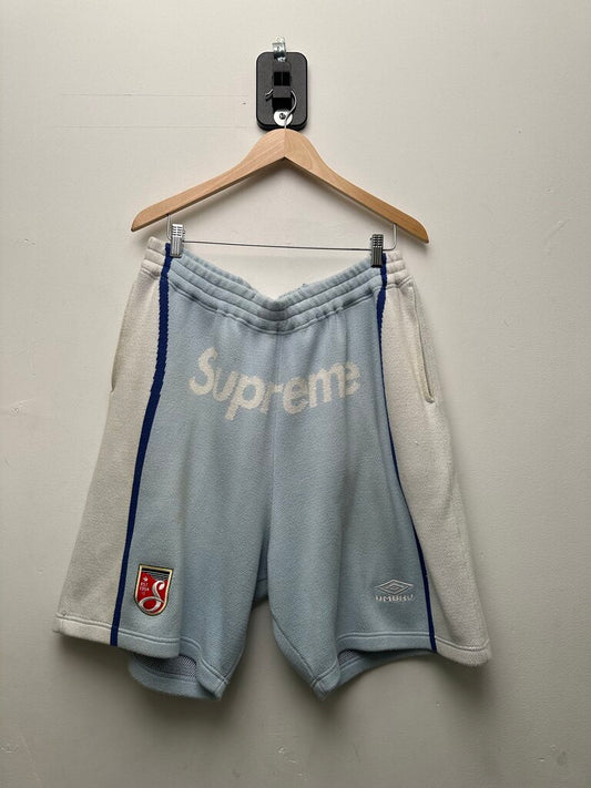 Preowned Supreme Blue White Knit Umbro Knit Shorts Sz.Large