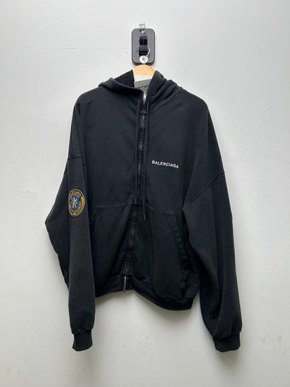 Preowned Balenciaga Washed Black Uniform Patch Zip Up Hoodie Sz.2