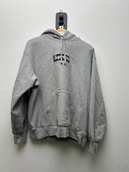 Preowned Supreme Grey Navy Box Logo Hoodie Sz.Medium