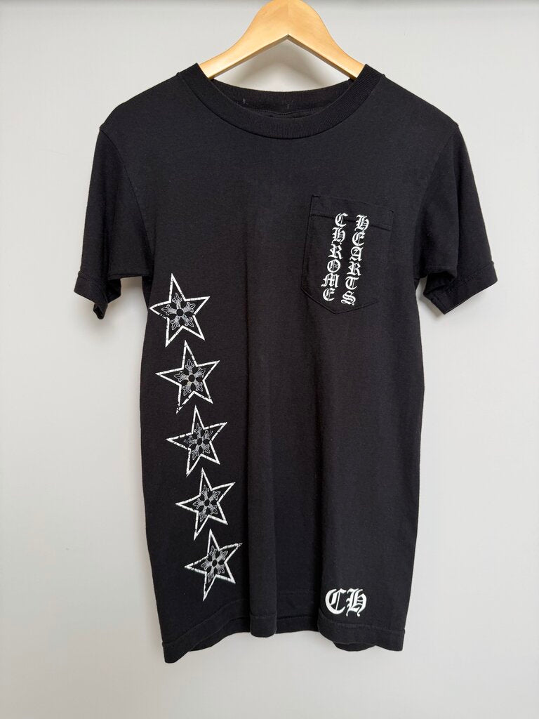 Preowned Chrome Heart Black Star Logo Vertical Logo Pocket Black Tee size S