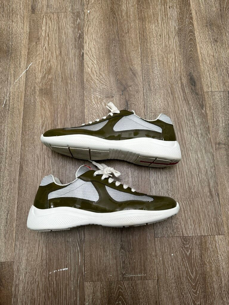Preowned Prada Cups Olive White Silver Patent Sz.8(10M)