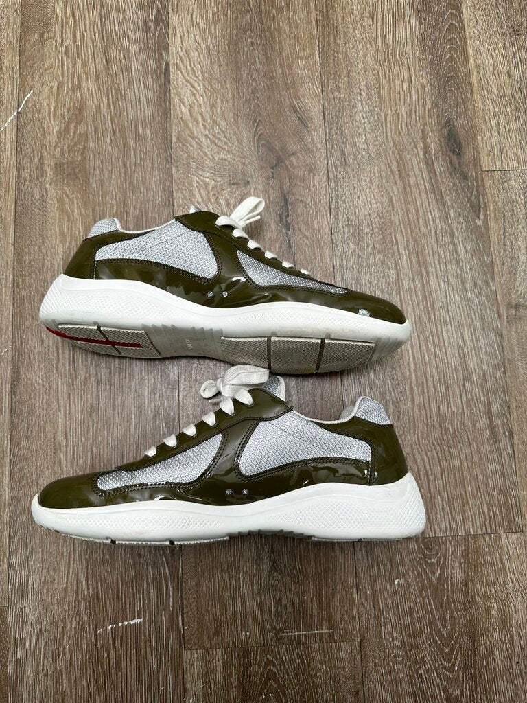 Preowned Prada Cups Olive White Silver Patent Sz.8(10M)