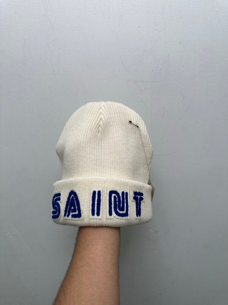 New Saint Micheals White Blue Spellout Beanie