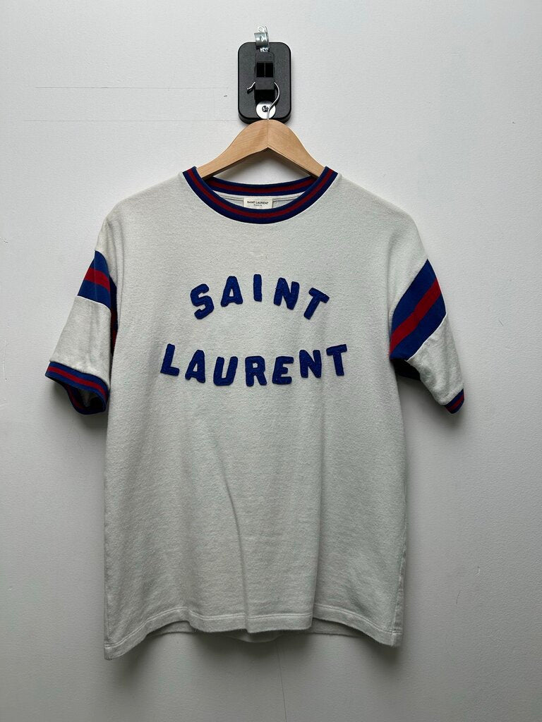 Preowned Saint Laurent White Blue Red Spellout Tee Sz.Small