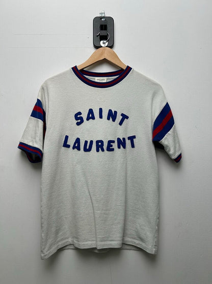 Preowned Saint Laurent White Blue Red Spellout Tee Sz.Small