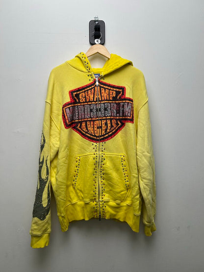 Preowned Murder FM Harley Yellow Rhinestone Zip Hoodie sz.L