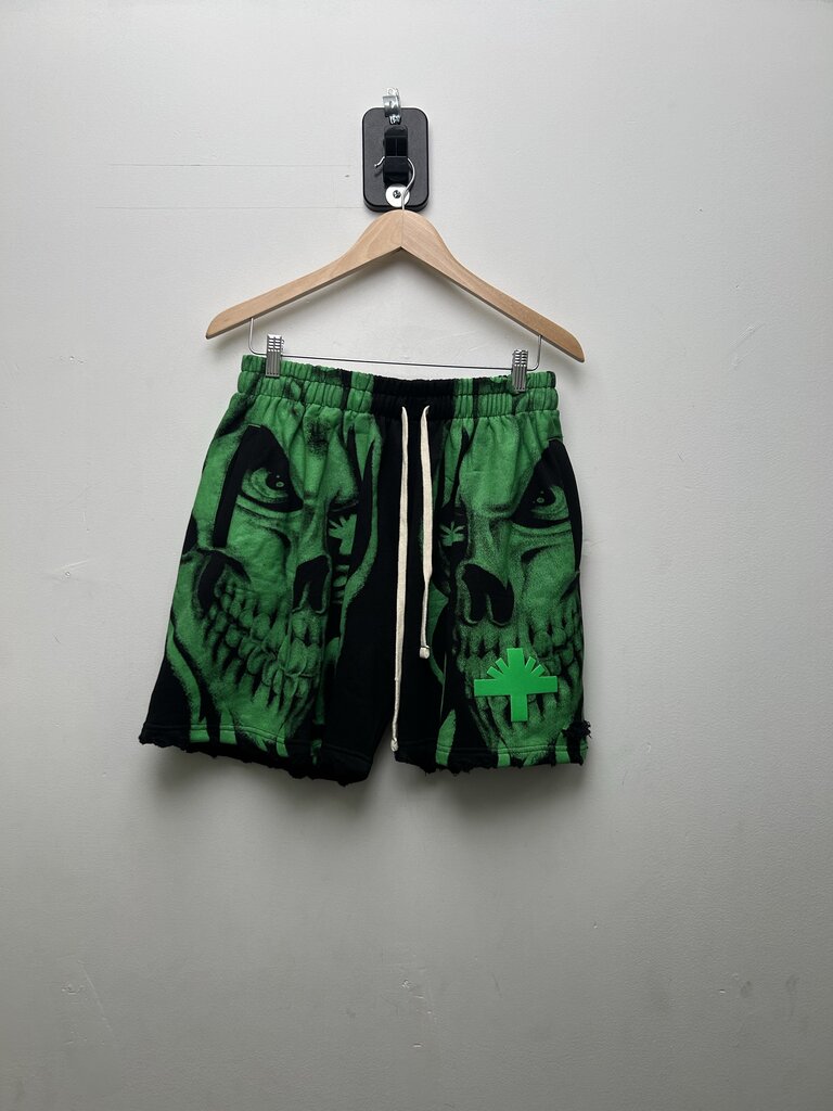 Preowned Vertabrae Black Green Skull Shorts Sz.Large