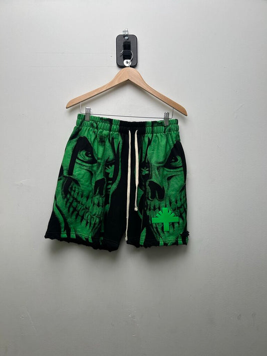 Preowned Vertabrae Black Green Skull Shorts Sz.Large