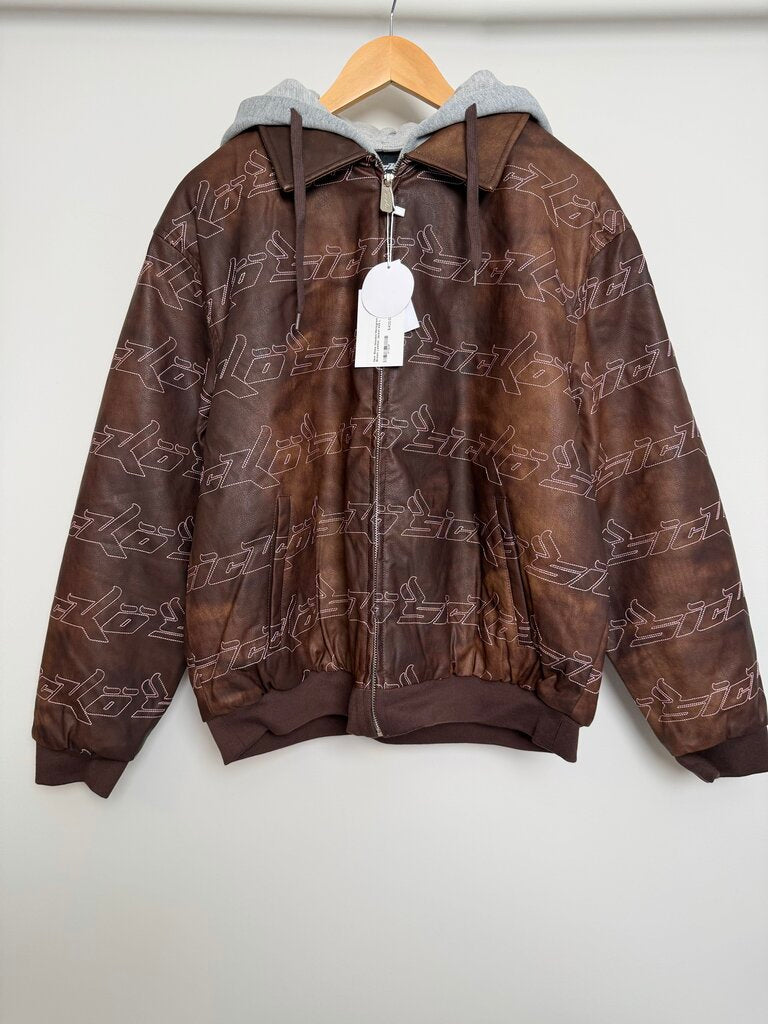 New Sicko Hooded Monogram Brown Leather Jacket size L