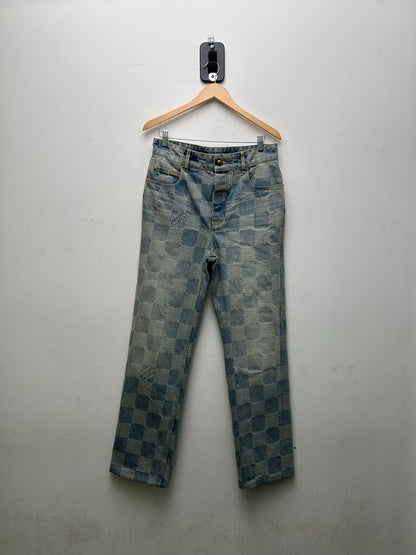 Preowned Louis Vuitton Damier Light Wash Pharrell Green Stitch Denim Sz.30 (Slim Alt)
