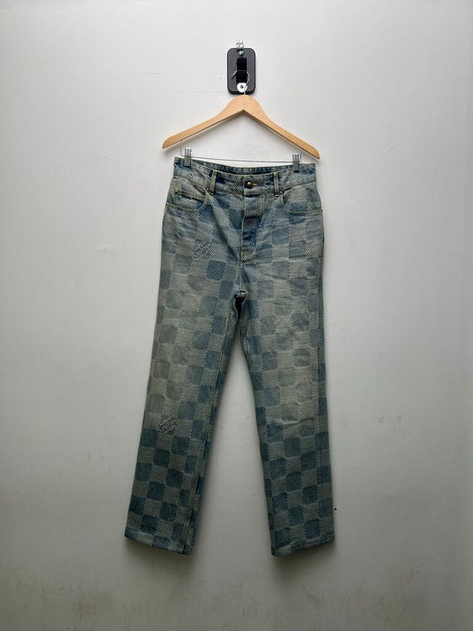 Preowned Louis Vuitton Damier Light Wash Pharrell Green Stitch Denim Sz.30 (Slim Alt)