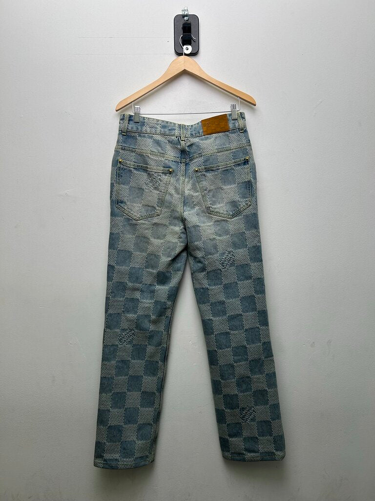 Preowned Louis Vuitton Damier Light Wash Pharrell Green Stitch Denim Sz.30 (Slim Alt)