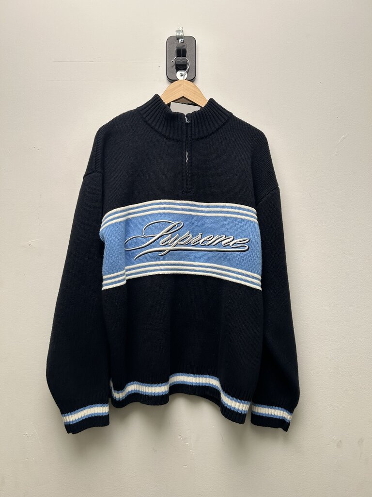 Preowned Supreme Script Stripe Quarter Zip Blue Navy Sweater sz.XL