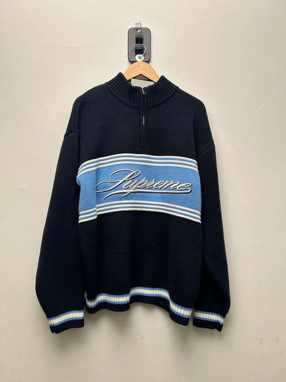 Preowned Supreme Script Stripe Quarter Zip Blue Navy Sweater sz.XL