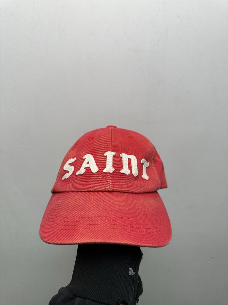 Preowned Saint Micheal Red Spellout Hat