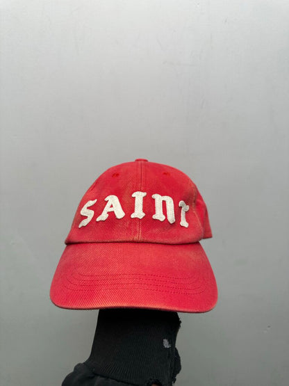 Preowned Saint Micheal Red Spellout Hat