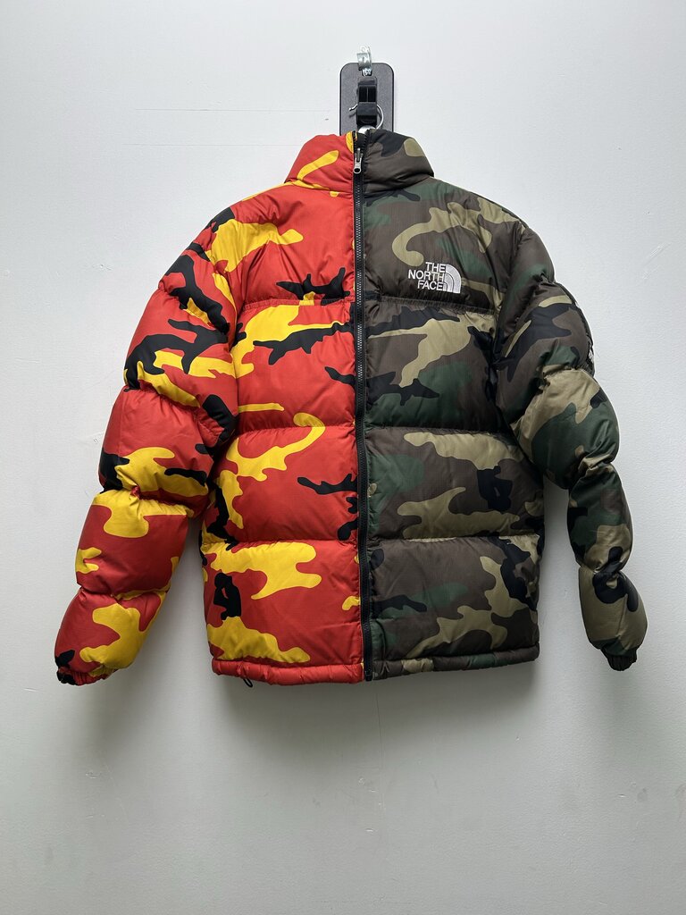 Preowned Supreme TNF Camo Puffer Jacket Half & Half Green Yellow Red Sz.Small