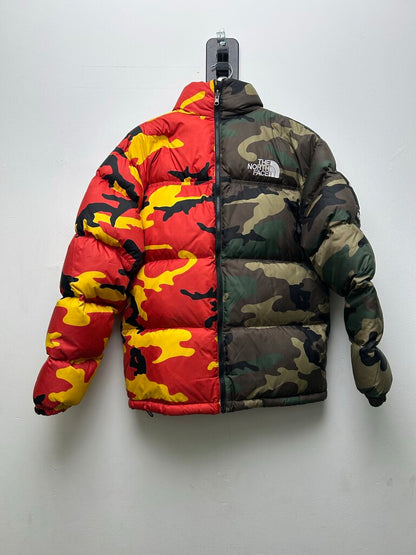 Preowned Supreme TNF Camo Puffer Jacket Half & Half Green Yellow Red Sz.Small