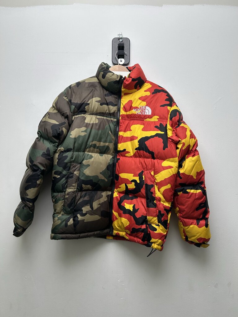 Preowned Supreme TNF Camo Puffer Jacket Half & Half Green Yellow Red Sz.Small