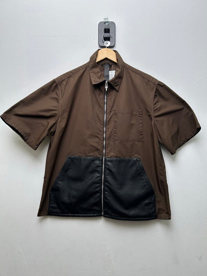 Preowned Chrome Hearts Brown Nylon Black Leather Zip Shirt Jacket sz.L