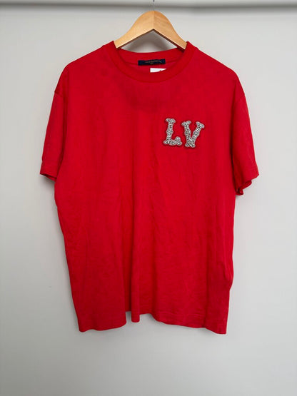 Pre-Owned Louis Vuitton Red Crystal Logo Tee Sz. M