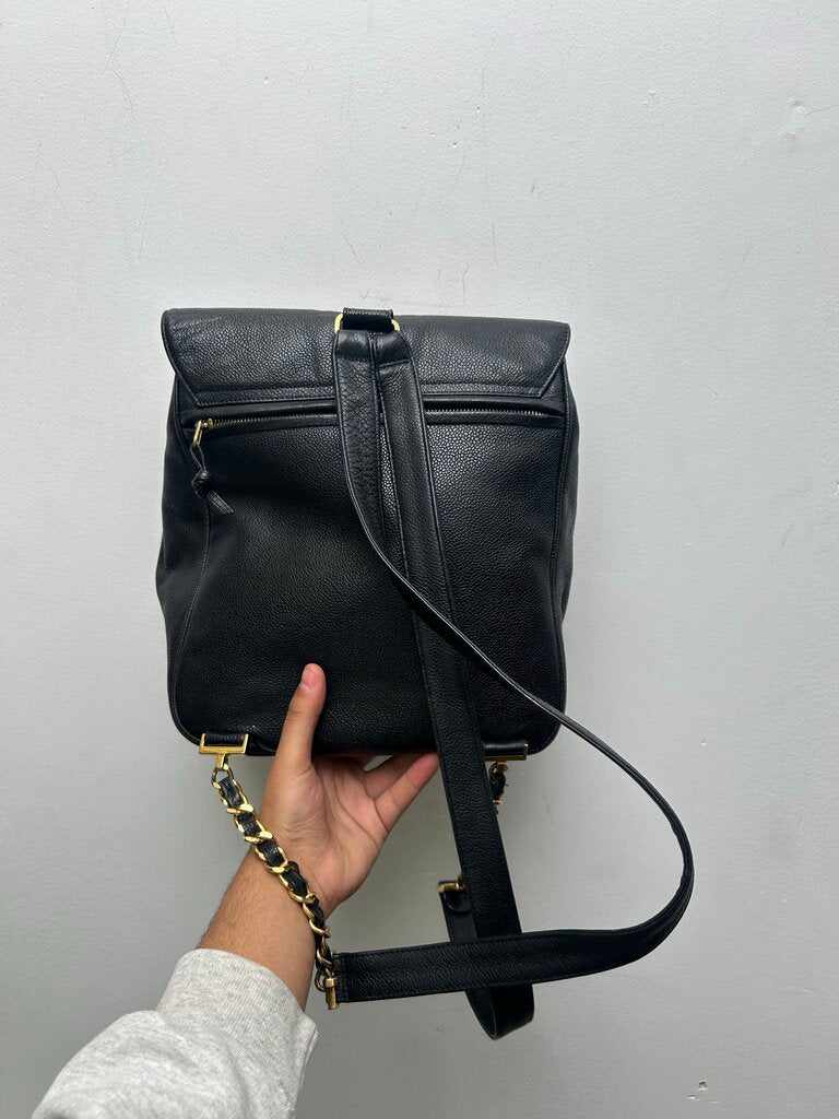 Vintage Gold Chanel CC Black Leather Bookbag