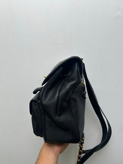 Vintage Gold Chanel CC Black Leather Bookbag