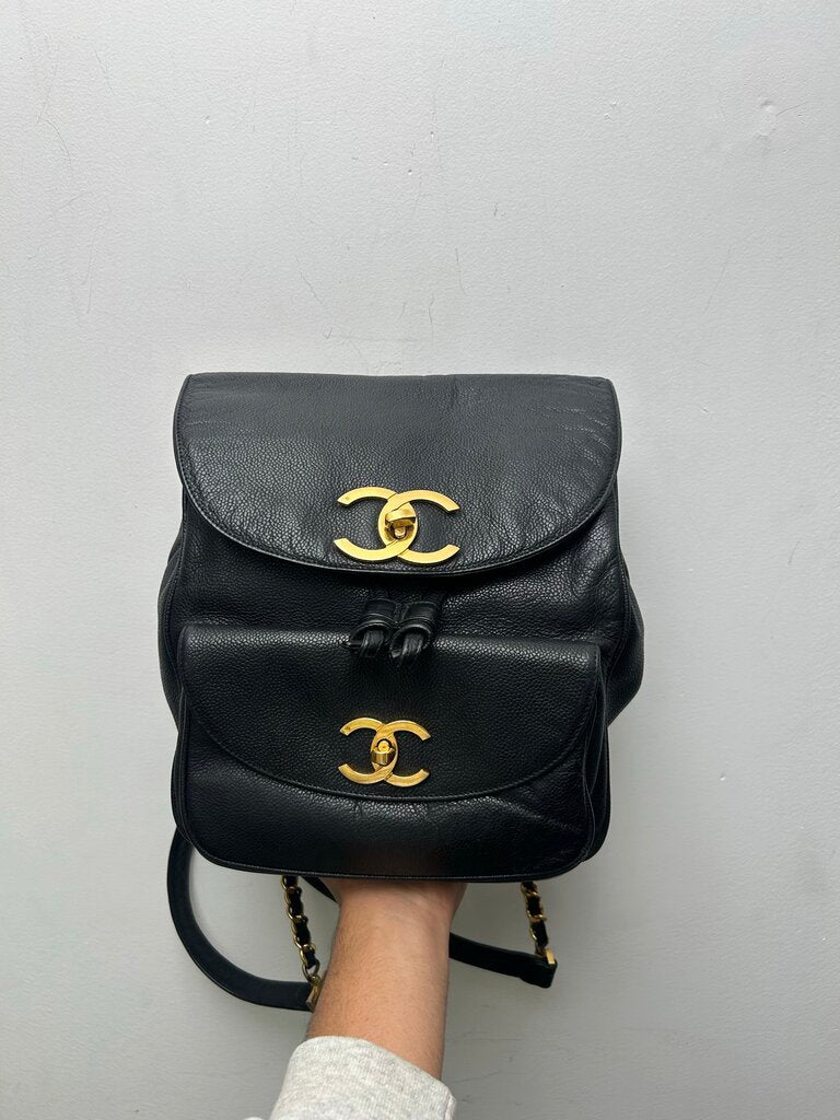 Vintage Gold Chanel CC Black Leather Bookbag