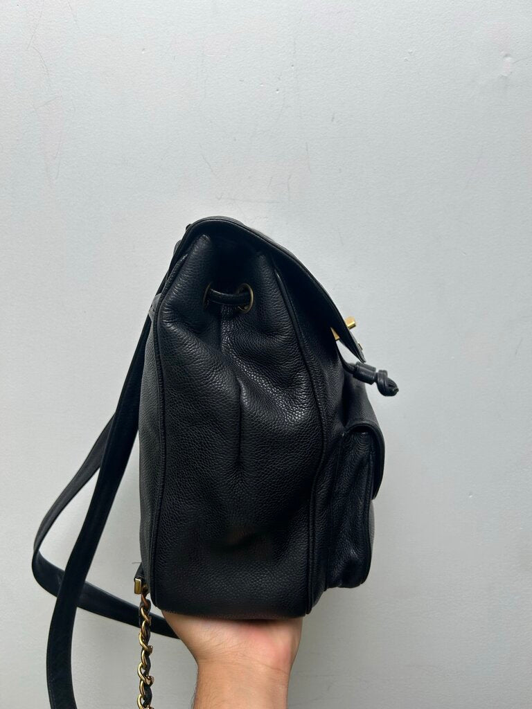 Vintage Gold Chanel CC Black Leather Bookbag