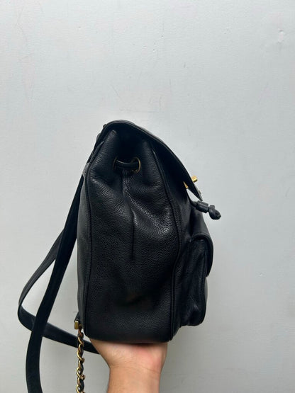 Vintage Gold Chanel CC Black Leather Bookbag