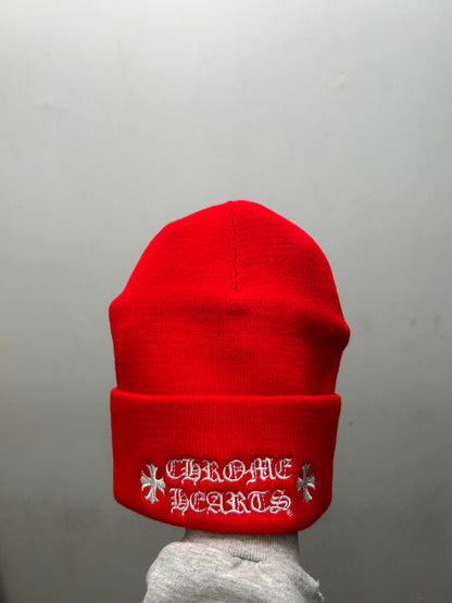 New Chrome Hearts White Embroidered Red Beanie