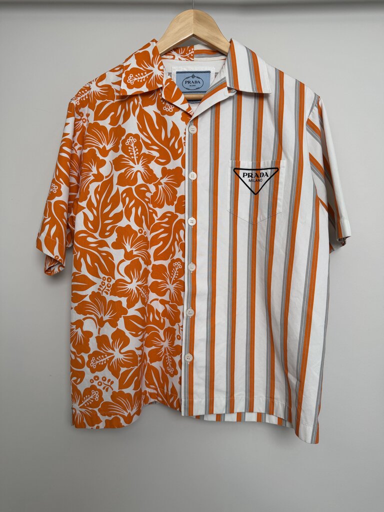 Preowned Pada Double Match Orange Floral Stripe Button Up size M