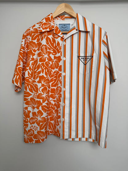 Preowned Pada Double Match Orange Floral Stripe Button Up size M