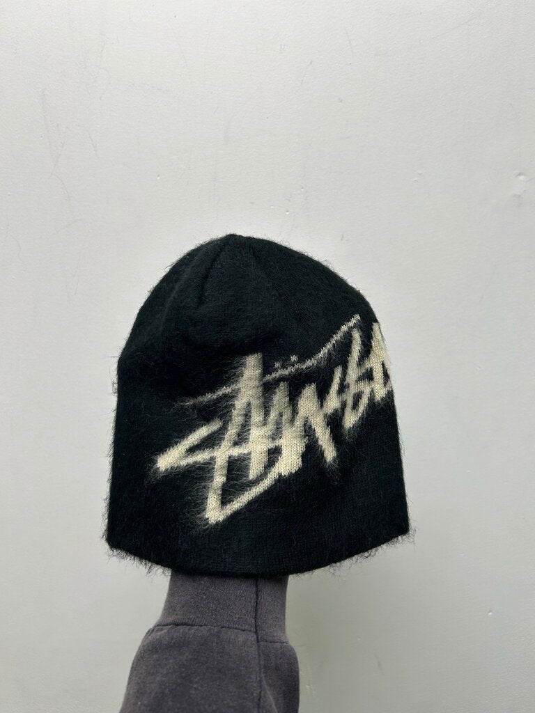 New Stussy Brushed Out Cream Big Logo Black Beanie