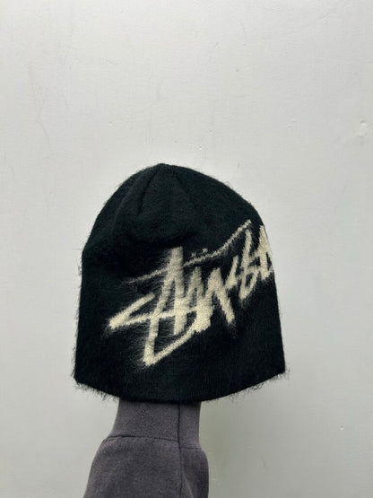 New Stussy Brushed Out Cream Big Logo Black Beanie