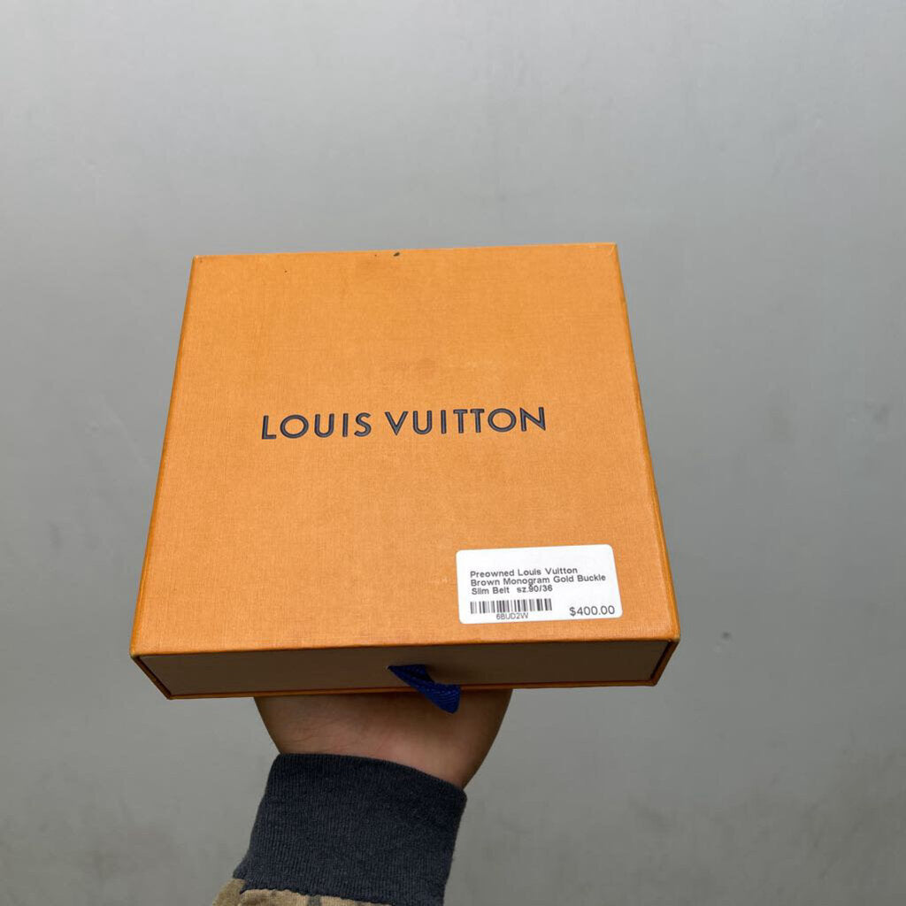 Preowned Louis Vuitton Brown Monogram Gold Buckle Slim Belt sz.90/36